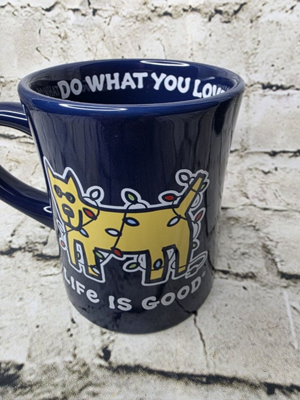 Life Is Good Mug Christmas Dog Dark Blue Yellow Do What You Love 14 Fl. Oz